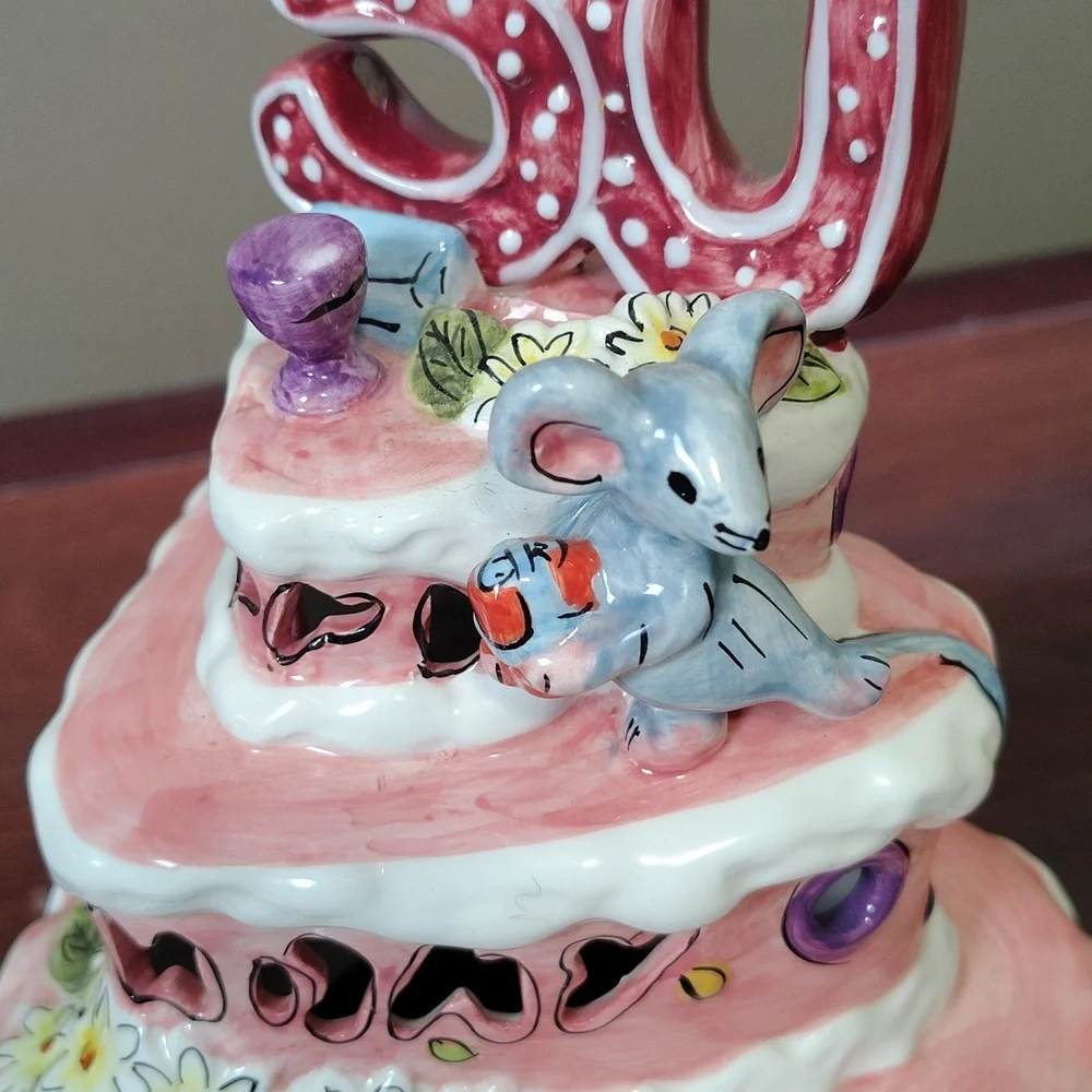 Blue Sky Clayworks 50th Birthday 3 Tier Cake With Mouse Votive Cover